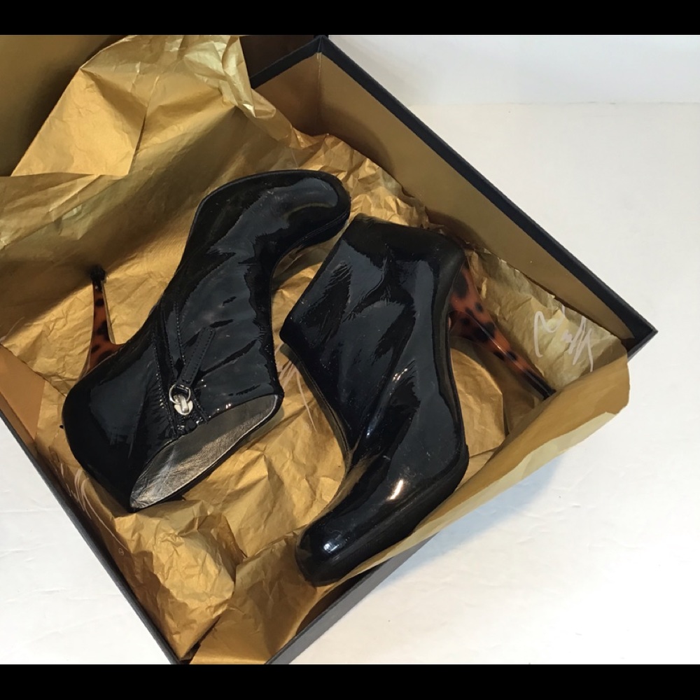 GIUSEPPE ZANOTTI BLK PATENT LEATHER ANKLE BOOTIES LEOPARD HEELS EUR 37.5 US 7.5 - Picture 15 of 16